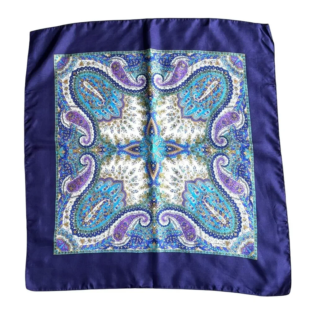 Silky scarf navy & light blue green gold cream paisley vintage mid century chic